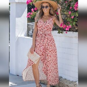 Cupshe Red Floral Spaghetti Strap High Low Sundress